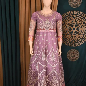 Elegant Organza Maxi with intricate heavy embroidery, paired with flapper trousers and a delicate net dupatta, perfect for traditional Pakistani and Indian wear, ideal for weddings and festive occasions