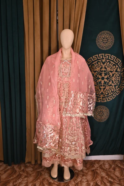 Elegant Organza Maxi with heavy embroidery, featuring a voluminous Ghagara and delicate Net Dupatta, showcasing traditional Pakistani and Indian design for a stunning bridal or festive look.