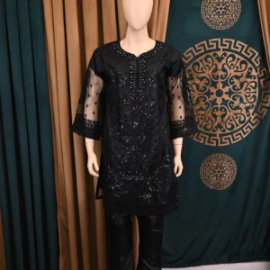 Handmade traditional wear featuring heavy floral embroidery on net and cambric fabric, showcasing elegant Pakistani and Indian design with intricate craftsmanship.