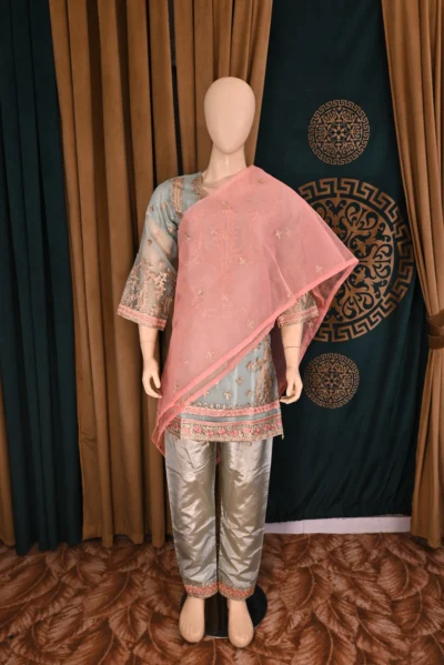 Traditional Pakistani and Indian wear featuring heavy floral embroidery on luxurious organza and silk capri fabric, handcrafted for a sophisticated and elegant look.