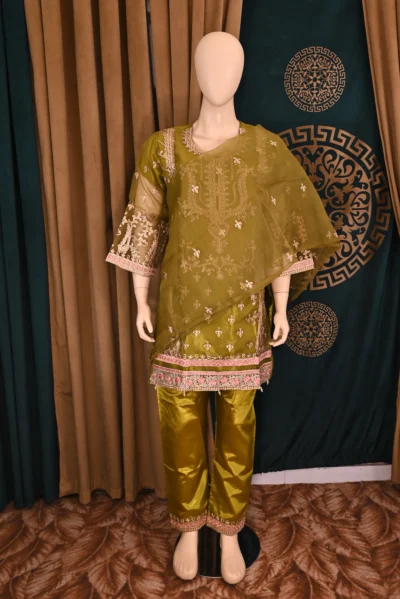 Traditional Pakistani and Indian wear featuring heavy floral embroidery on luxurious organza and silk capri fabric, handcrafted for a sophisticated and elegant look.