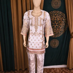 Traditional Pakistani and Indian wear featuring heavy floral embroidery on luxurious organza and silk capri fabric, handcrafted for a sophisticated and elegant look