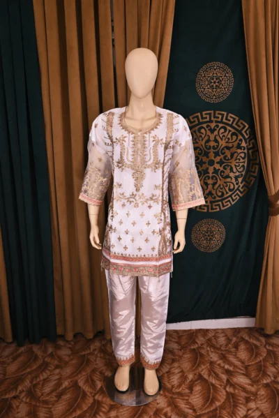 Traditional Pakistani and Indian wear featuring heavy floral embroidery on luxurious organza and silk capri fabric, handcrafted for a sophisticated and elegant look