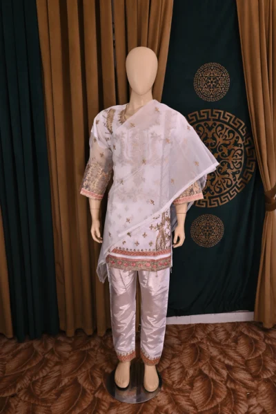 Traditional Pakistani and Indian wear featuring heavy floral embroidery on luxurious organza and silk capri fabric, handcrafted for a sophisticated and elegant look