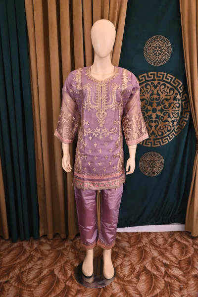 Traditional Pakistani and Indian wear featuring heavy floral embroidery on luxurious organza and silk capri fabric, handcrafted for a sophisticated and elegant look