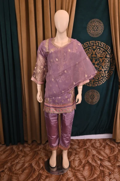 Traditional Pakistani and Indian wear featuring heavy floral embroidery on luxurious organza and silk capri fabric, handcrafted for a sophisticated and elegant look