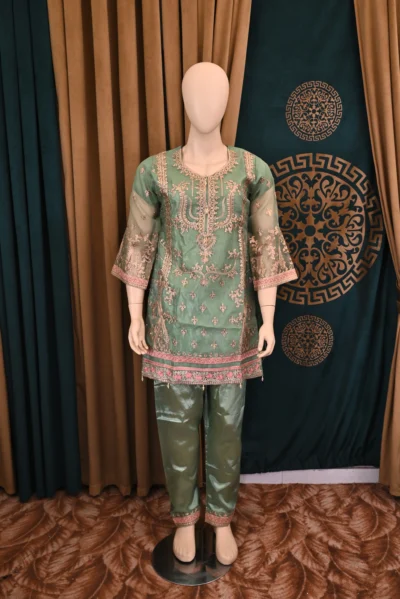 Traditional Pakistani and Indian wear featuring heavy floral embroidery on luxurious organza and silk capri fabric, handcrafted for a sophisticated and elegant look