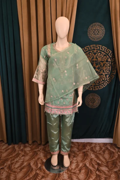 Traditional Pakistani and Indian wear featuring heavy floral embroidery on luxurious organza and silk capri fabric, handcrafted for a sophisticated and elegant look