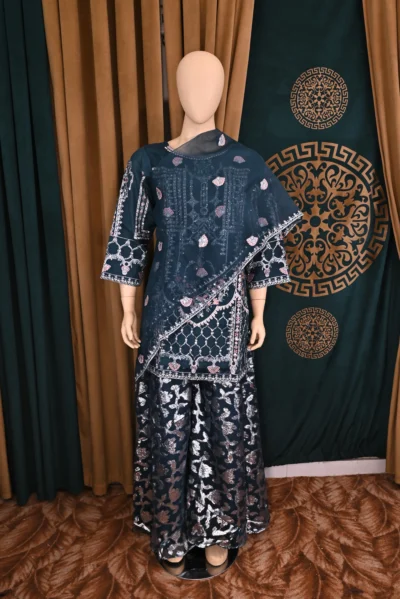 Elegant traditional wear featuring intricate floral embroidery on luxurious organza fabric. Handmade with rich craftsmanship, ideal for special occasions and cultural celebrations.