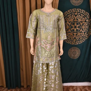 Elegant traditional wear featuring intricate floral embroidery on luxurious organza fabric. Handmade with rich craftsmanship, ideal for special occasions and cultural celebrations.