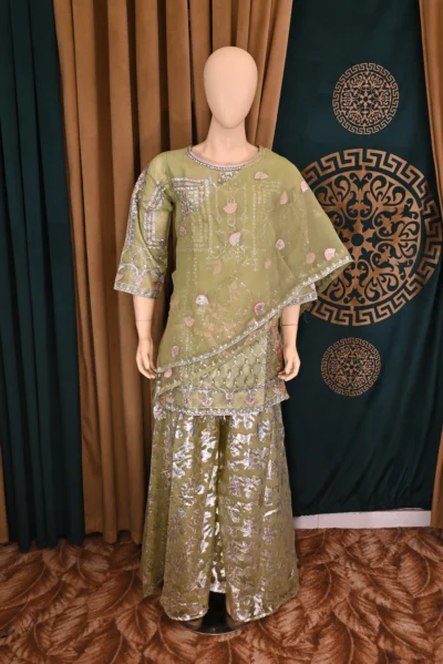 Elegant traditional wear featuring intricate floral embroidery on luxurious organza fabric. Handmade with rich craftsmanship, ideal for special occasions and cultural celebrations.