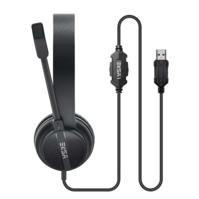 The EKSAtelecom VoicePure ENC Headset featuring a 160g ultra-light build for all-day comfort, an adjustable noise-cancelling microphone for clear communication, and a 2.1m super long audio cable. Compatible with all USB devices, offering versatile connectivity and convenience