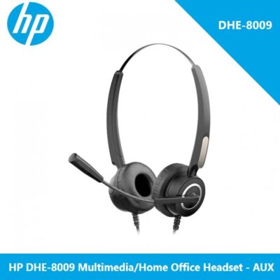 The HP DHE-8009 Gaming Headset in black, featuring an over-ear design for immersive sound and comfort, on-ear form factor, 112 dB sensitivity, 3.5mm jack for wired connectivity, and a built-in microphone for clear communication. Note that it has no noise control