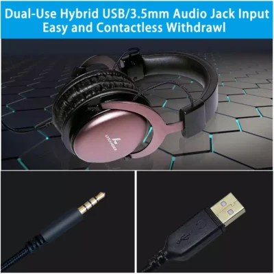 Premium metal headset with ample cushioning, featuring a sturdy build for durability. Includes dual-use hybrid USB/3.5mm audio jack for versatile connectivity with PCs and various entertainment devices. Detachable microphone for flexible use, 50mm highly sensitive driver for clear sound and strong bass, and durable braided cables with a 1.3-meter length plus an additional 40cm in-line controller. Ideal for work from home, conferencing, gaming, and more