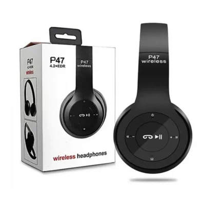 P47 Wireless Headphones featuring Bluetooth v4.1 + EDR for wireless connectivity, a memory card slot, and built-in microphone. Offers up to 120 hours of standby time, 3.5 to 5 hours of music playback, and 8 hours of talk time. Includes an optional audio jack, built-in TPT antenna and radio, and advanced noise cancellation technology. Sweat-proof design with a sleek matte finish and multi-point access capability