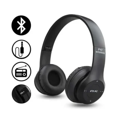 P47 Wireless Headphones featuring Bluetooth v4.1 + EDR for wireless connectivity, a memory card slot, and built-in microphone. Offers up to 120 hours of standby time, 3.5 to 5 hours of music playback, and 8 hours of talk time. Includes an optional audio jack, built-in TPT antenna and radio, and advanced noise cancellation technology. Sweat-proof design with a sleek matte finish and multi-point access capability