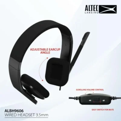 The Altec Lansing ALBH-9606 Wired Headset featuring high-quality PU leather pads for comfort, a sensitive microphone for clear audio, and convenient volume control and mic mute button. The headset connects via a single jack cable and has a 1.3-meter cable length