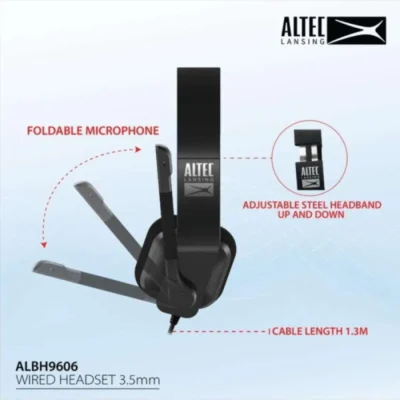 The Altec Lansing ALBH-9606 Wired Headset featuring high-quality PU leather pads for comfort, a sensitive microphone for clear audio, and convenient volume control and mic mute button. The headset connects via a single jack cable and has a 1.3-meter cable length