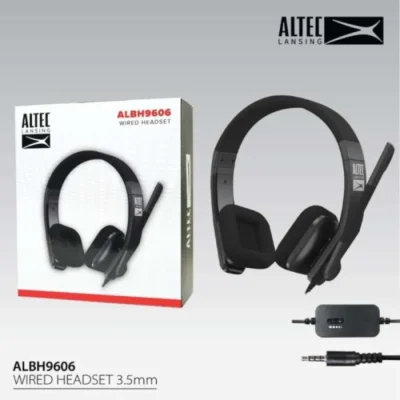 The Altec Lansing ALBH-9606 Wired Headset featuring high-quality PU leather pads for comfort, a sensitive microphone for clear audio, and convenient volume control and mic mute button. The headset connects via a single jack cable and has a 1.3-meter cable length