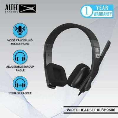 The Altec Lansing ALBH-9606 Wired Headset featuring high-quality PU leather pads for comfort, a sensitive microphone for clear audio, and convenient volume control and mic mute button. The headset connects via a single jack cable and has a 1.3-meter cable length