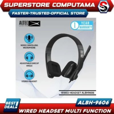 The Altec Lansing ALBH-9606 Wired Headset featuring high-quality PU leather pads for comfort, a sensitive microphone for clear audio, and convenient volume control and mic mute button. The headset connects via a single jack cable and has a 1.3-meter cable length