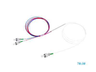 1x2 PLC Splitter with 30% to 70% split ratio for distributing a single optical signal into two outputs, featuring high-performance PLC technology and compact design.