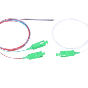 1x2 PLC Splitter with 5% to 95% split ratio for dividing a single optical signal into two outputs, featuring high-performance PLC technology and a compact design.