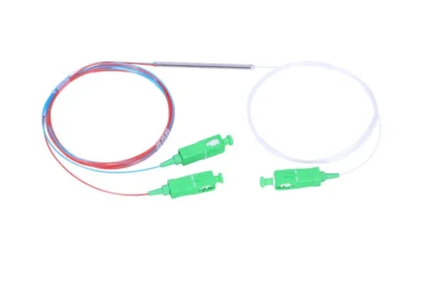 1x2 PLC Splitter with 5% to 95% split ratio for dividing a single optical signal into two outputs, featuring high-performance PLC technology and a compact design.