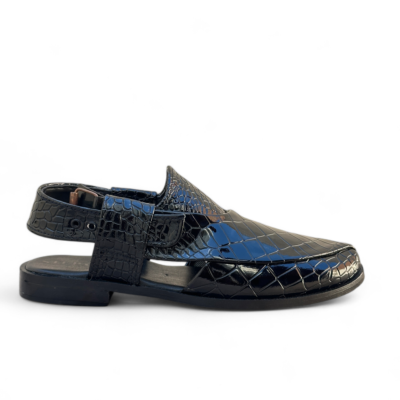 Black patent leather shoes featuring a snake and crocodile design with fine finishing for a luxurious and stylish look