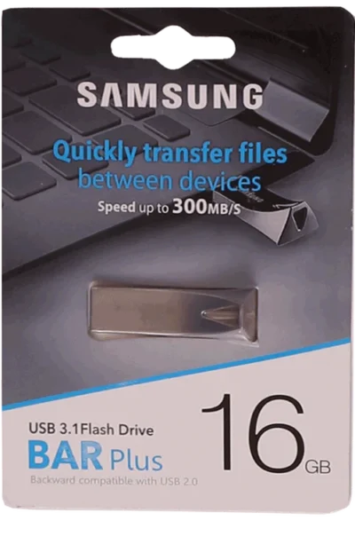 Samsung USB 3.1 Flash Drive BAR Plus 16GB with durable metal casing and high-speed performance.