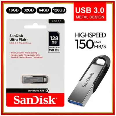 SanDisk Ultra Flair USB 3.0 Flash Drive 128GB with sleek metal design and high-speed performance.