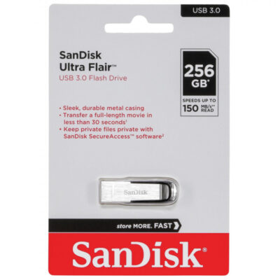 SanDisk Ultra Flair USB 3.0 Flash Drive 256GB with high-speed performance and durable design for expansive storage.