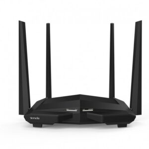 Tenda AC10 Router with dual-band 1200Mbps speed, MU-MIMO technology, and four antennas for strong, stable internet coverage